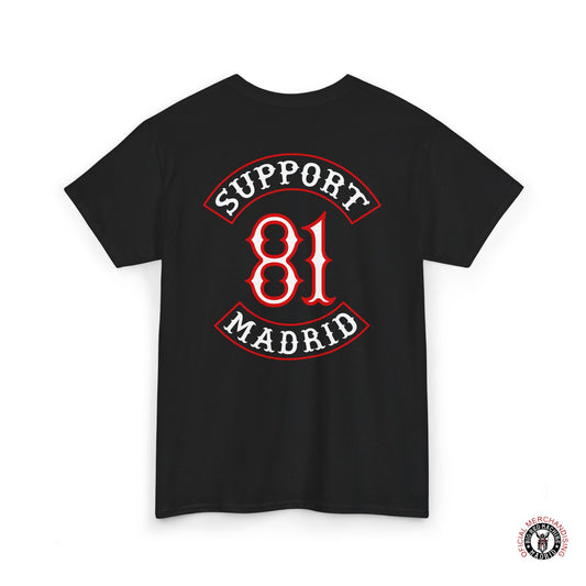 Black Back Support 81 Madrid Patch Work T-Shirt Red And White Motorcycle Tee