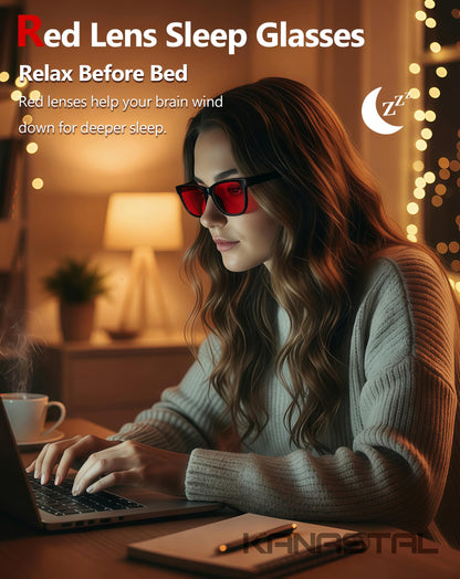 KANASTAL Gafas Luz Azul Rojo Hombre Mujer Filtro Azul Gaming Ordenador Pantallas Dormir Bloqueadoras Red Light Glasses - Montura Negras Con Lentes Rojas