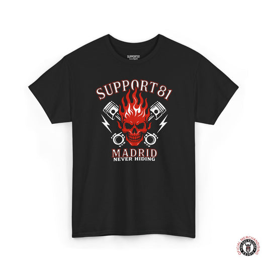 Black Biker Skull And Flames T-Shirt Support 81 - Motorcycle And Rocker Style Piston Tee
