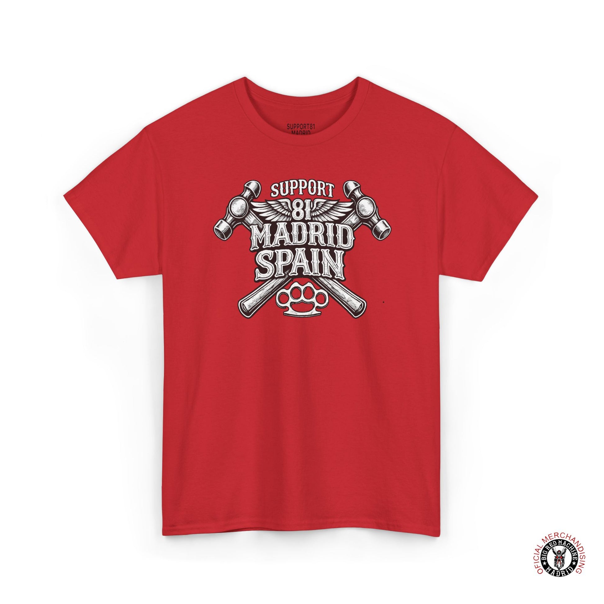 Red support 81 madrid spain biker t-Shirt graphic tee hammer design front view shown