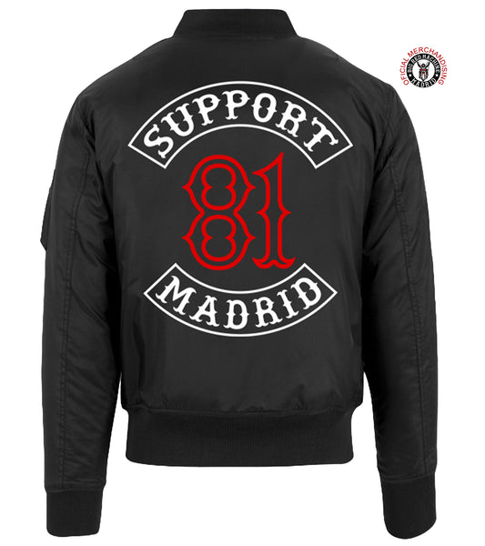 Chaqueta bomber de invierno negra bordada en rojo y blanco con parche Support 81 