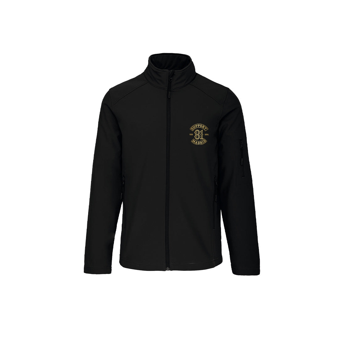 Chaqueta softshell negro con estampado de support  81 en dorado.