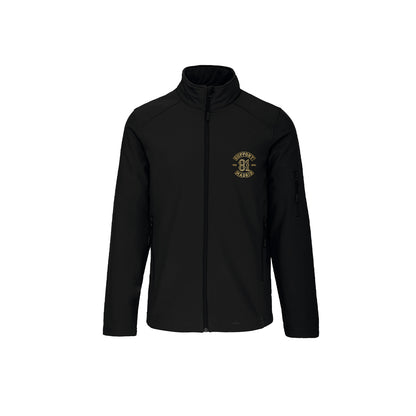 Chaqueta softshell negro con estampado de support  81 en dorado.