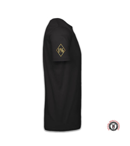 Support81 Premium T-Shirt Gold Skull Black Tee, Smart Biker Style Apparel, Diamond Sleeve Details, Urban Rider Look, Black And Gold T-Shirt