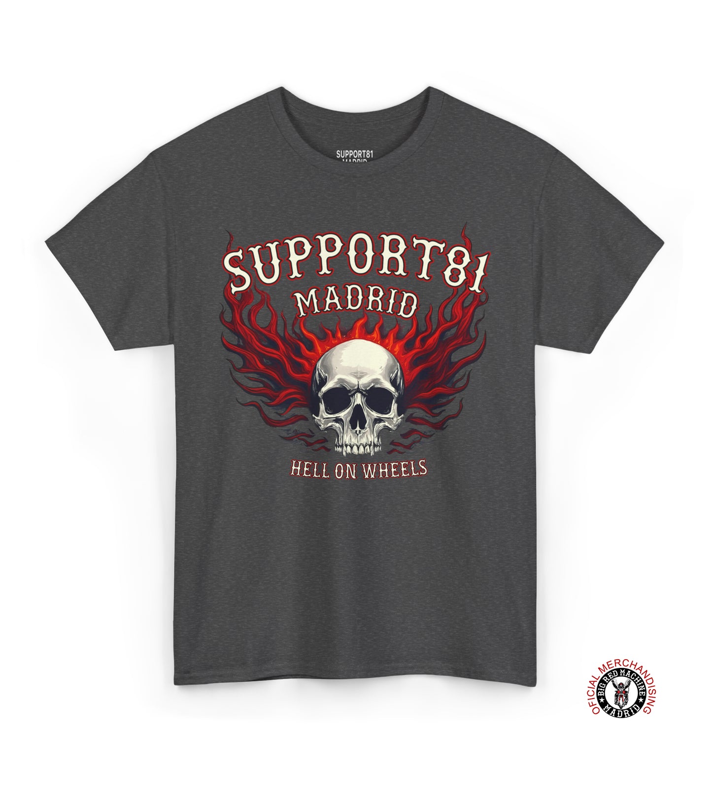 Support 81 Madrid Hell On Wheels T-Shirt | Flaming Skull Biker Graphic Tee | Motorcycle Club Shirt Support 81