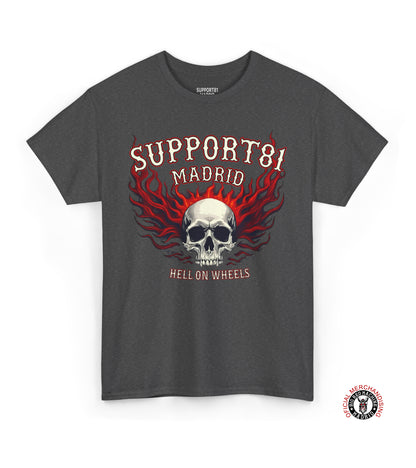 Support 81 Madrid Hell On Wheels T-Shirt | Flaming Skull Biker Graphic Tee | Motorcycle Club Shirt Support 81