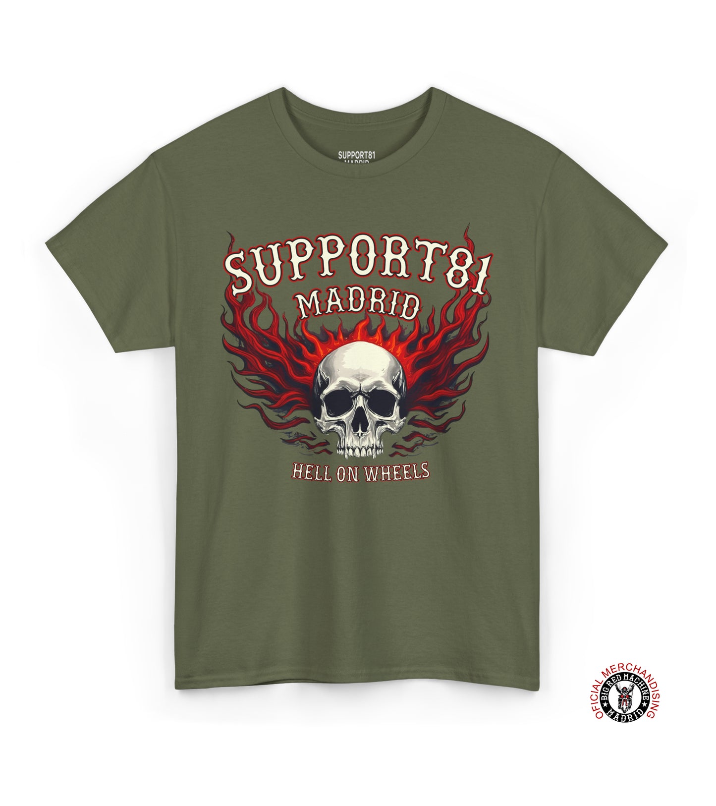 Support 81 Madrid Hell On Wheels T-Shirt | Flaming Skull Biker Graphic Tee | Motorcycle Club Shirt Support 81