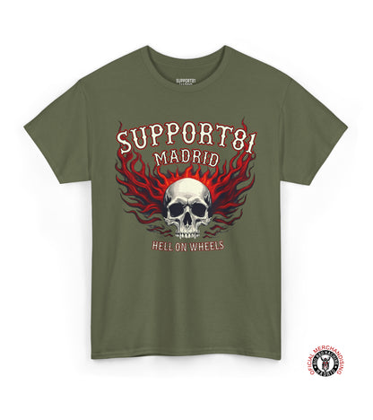 Support 81 Madrid Hell On Wheels T-Shirt | Flaming Skull Biker Graphic Tee | Motorcycle Club Shirt Support 81