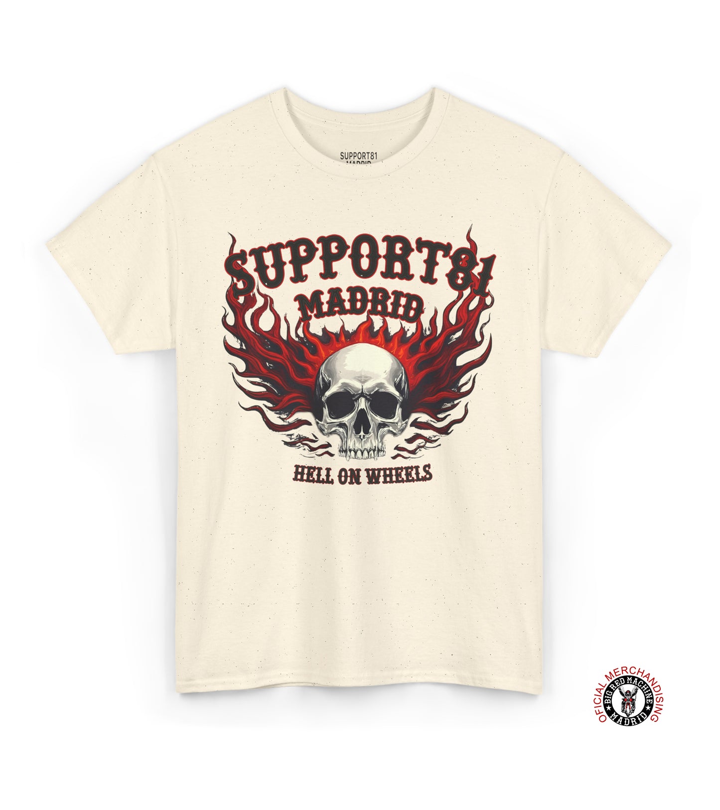 Support 81 Madrid Hell On Wheels T-Shirt | Flaming Skull Biker Graphic Tee | Motorcycle Club Shirt Support 81