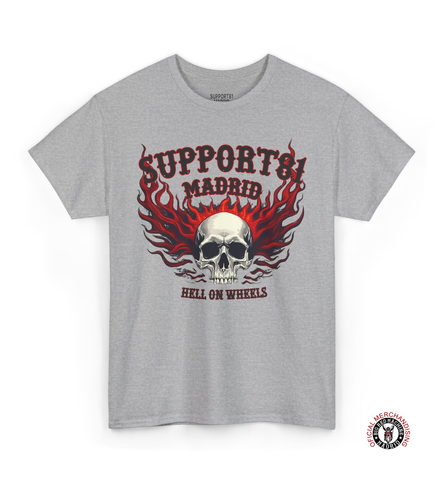 Support 81 Madrid Hell On Wheels T-Shirt | Flaming Skull Biker Graphic Tee | Motorcycle Club Shirt Support 81