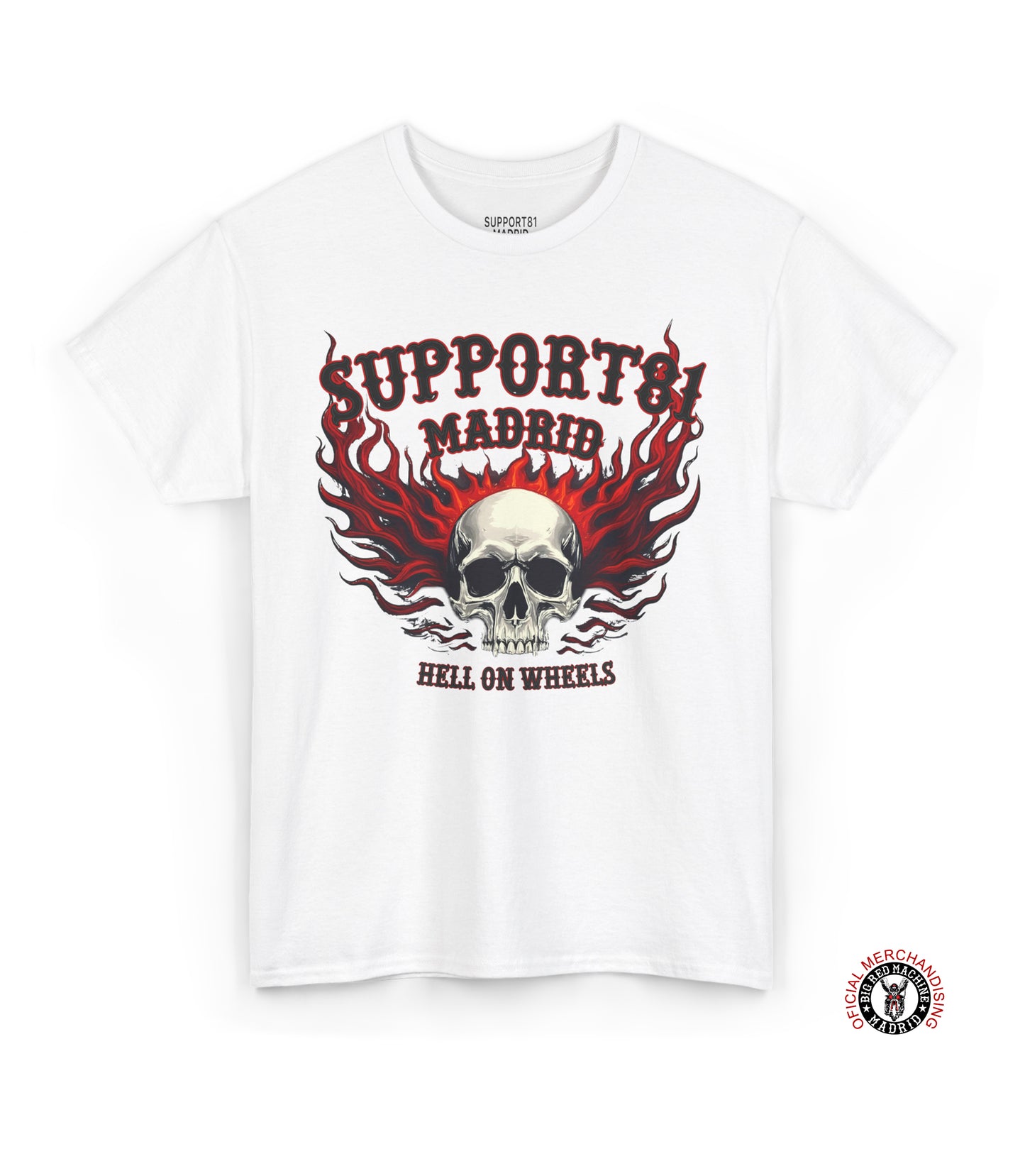 Support 81 Madrid Hell On Wheels T-Shirt | Flaming Skull Biker Graphic Tee | Motorcycle Club Shirt Support 81