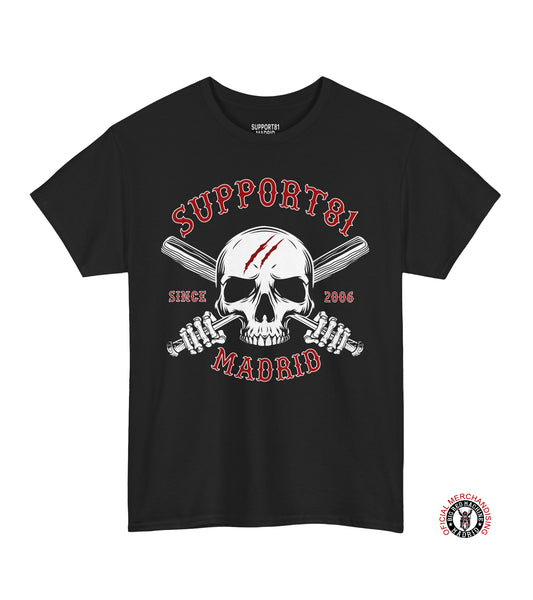 Black Support 81 Madrid Skull And Crossed Bats Motorcycle Club T-Shirt Madrid