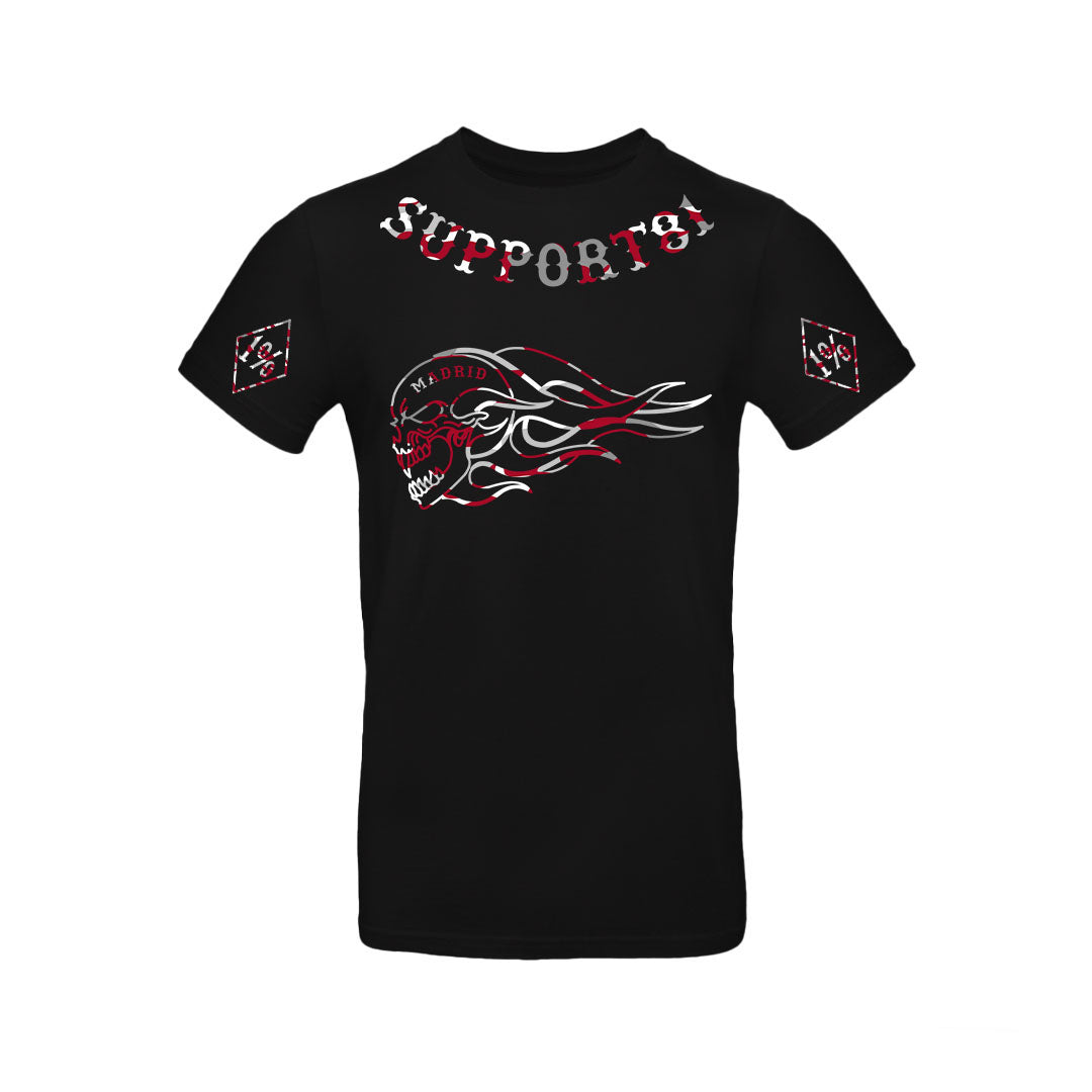 camiseta support 81 negro con calavera en camuflaje rojo gries y blanco